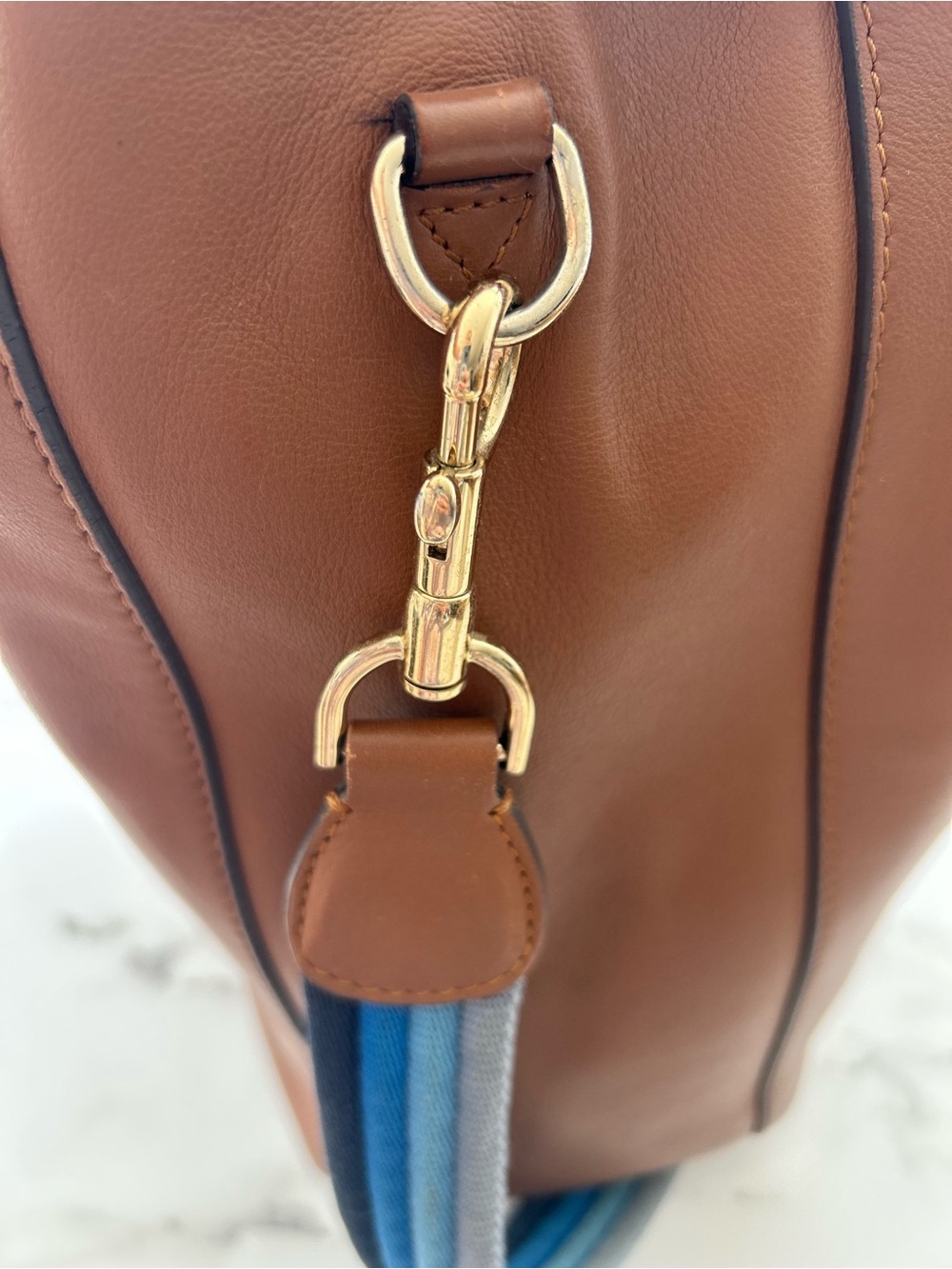 VGC Anya Hindmarch Camel Teather Ebury Smiley Tote w/ Blue Strap! - Picture 14 of 15